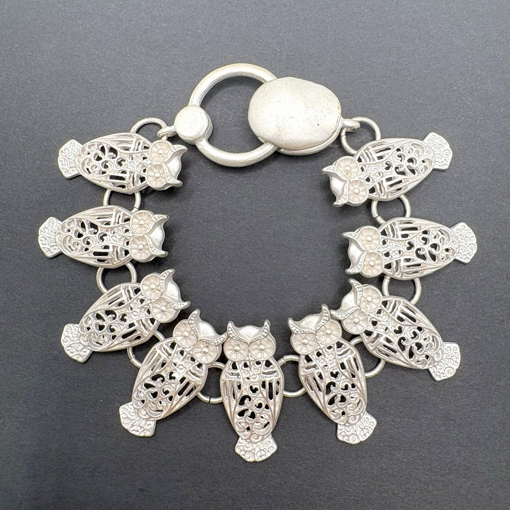 Vintage Owl Filigree Panel Link Bracelet Silver Tone Boho Magnetic Clasp 7"